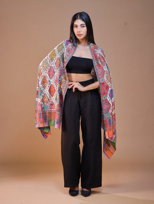 Women's Pure Wool Faux Pashmina Kalamkari Printed Embroidery Stole